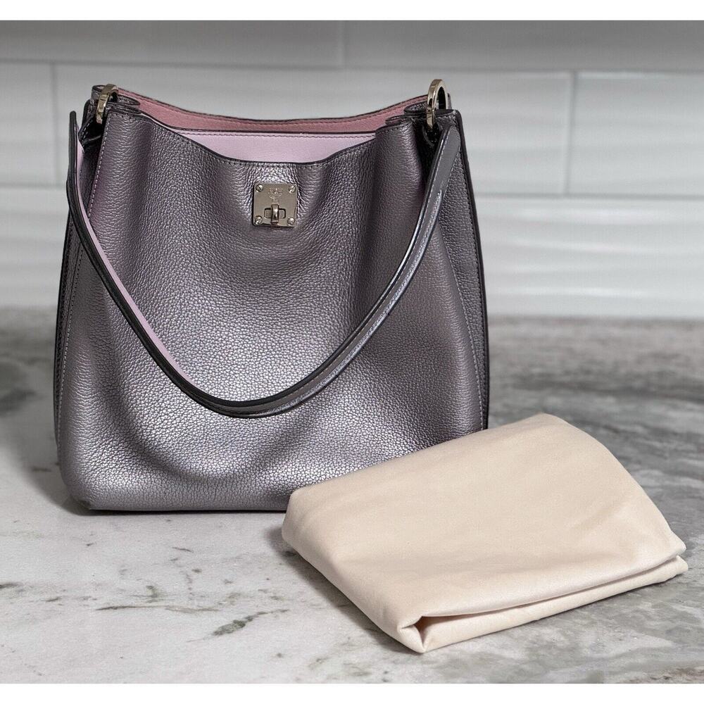 Auth MCM Metallic Grey Silver Leather Milla Hobo Shoulder Bag